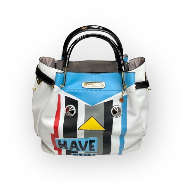 Nicole Lee ᯾ Striped Patchwork 'Have Fun' Satchel Handbag Bag ᯾ Vegan Leather ᯾ - Picture 9 of 16